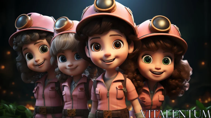 Exciting Cartoon Girls in Pink Uniforms with Headlamps AI Image