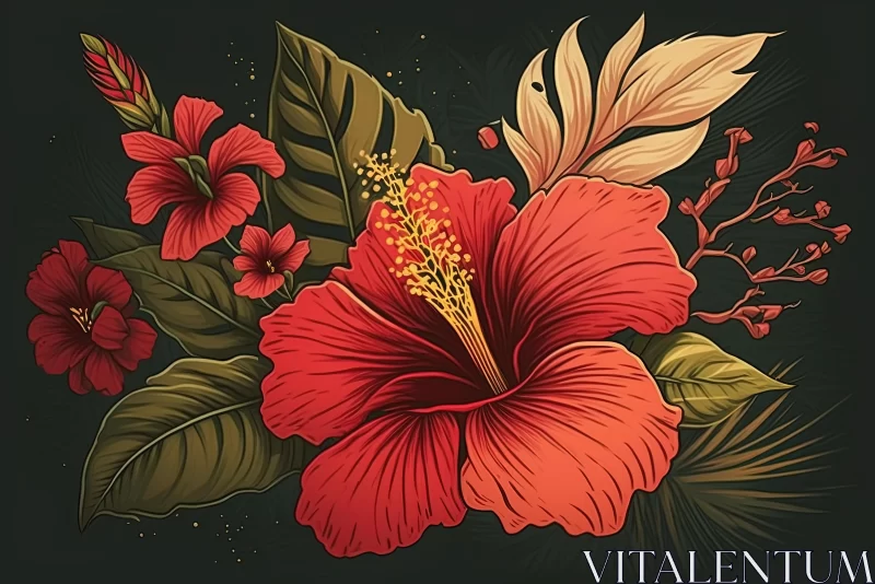 Exquisite Tropical Plant Artwork with Hibiscus Flowers and Leaves AI Image