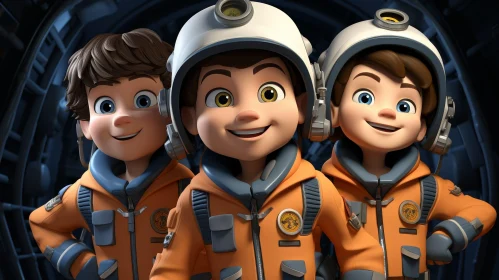 Three Young Astronauts in Orange Spacesuits in Spaceship