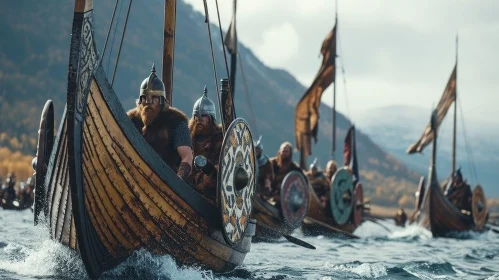 Viking Adventure in Wooden Boat AI Image