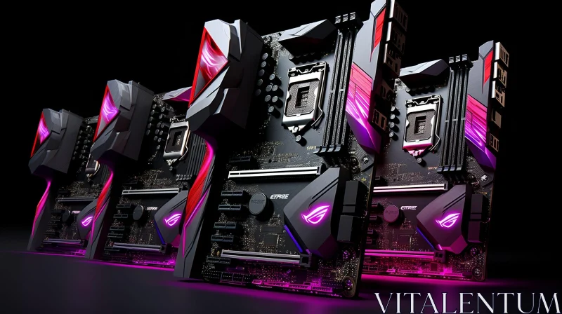 Black and Red Computer Motherboards with Pink Lights AI Image
