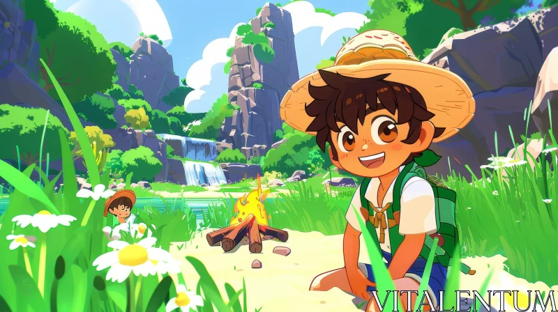 Cartoon Forest Adventure with Boy and Girl AI Image