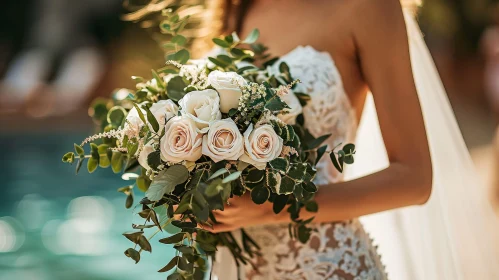 Elegant Bride with Bouquet of White Roses