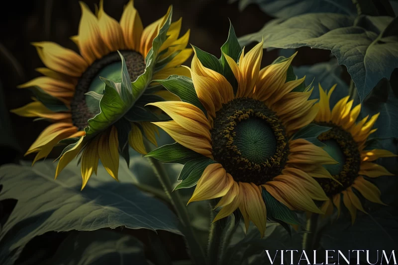 Hyperrealistic Fantasy: Three Sunflowers Surrounded by Dark Foliage AI Image