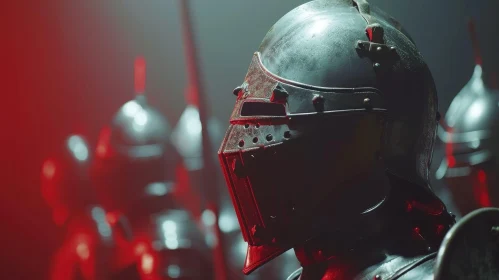 Medieval Knight's Helmet Close-Up | Mysterious Red-Lit Visor AI Image