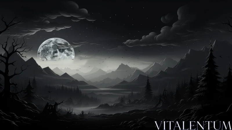 Moonlit Night Landscape of Mystery and Suspense AI Image