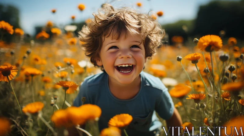 Smiling Boy in Field of Flowers AI Image
