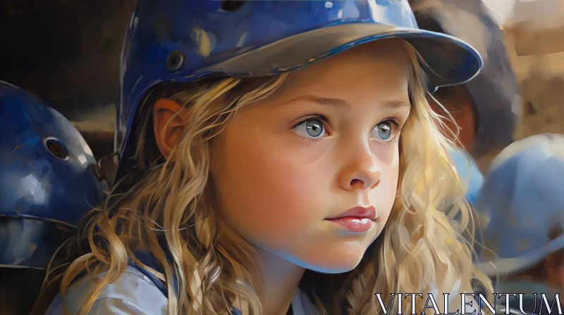 Young Girl Portrait with Baseball Helmet AI Image