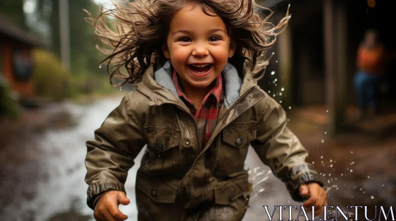 Happy Boy Running in Forest Puddle - Joyful Children Image AI Image