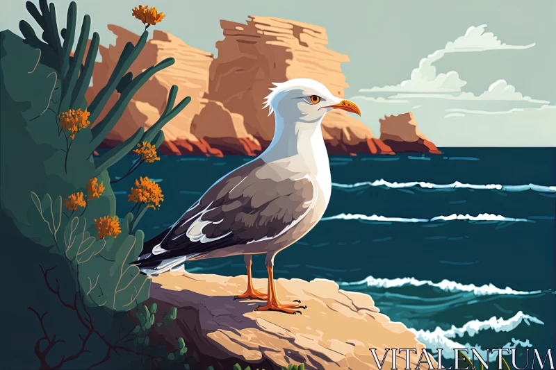 Seagull Standing on Cliff Above Ocean - Vibrant Illustrations AI Image