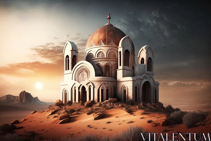 Serene Desert Landscape with a Stunning Church | Hyper-Detailed Rendering AI Image