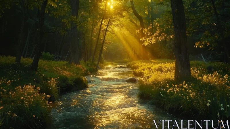 AI ART Tranquil Forest Landscape with River and Sunlight
