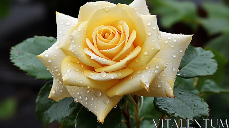 AI ART Yellow Rose in Full Bloom with Raindrops - Close-Up View