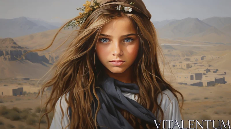 Young Girl in Desert Landscape with Mountains AI Image