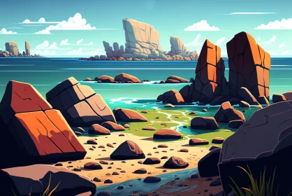 Bold Illustration of a Beach with Rocks and Water