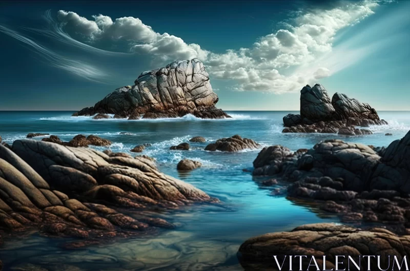 Captivating Fantasy Landscape: Water, Rocks, and Clouds in High-Contrast Realism AI Image