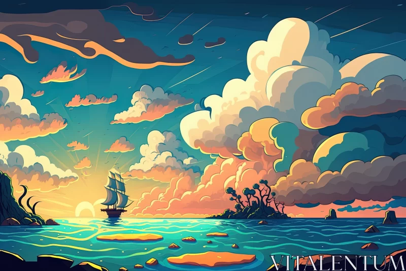 Captivating Sailing Ships in a Cloudy Sea - Vibrant 2D Game Art AI Image
