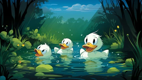 Cartoon Ducks Swimming in Lush Pond