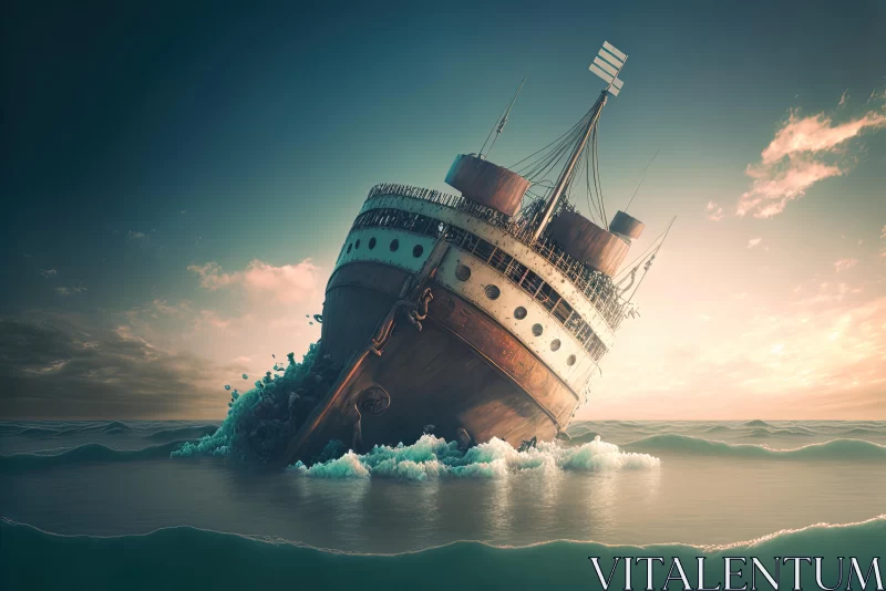 Tangled Ship Floating in Water - Realistic Surrealism Art AI Image