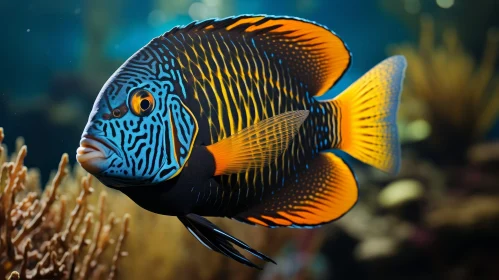 Blue Yellow Black Striped Fish in Coral Reef