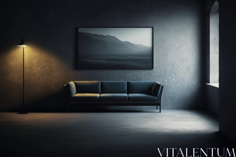 Empty Room with Couch and Framed Black Painting - Realistic Landscapes AI Image