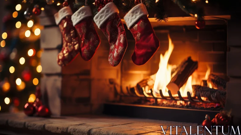 Festive Christmas Fireplace Scene with Stockings and Tree AI Image