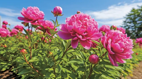 Pink Peonies Field in Full Bloom