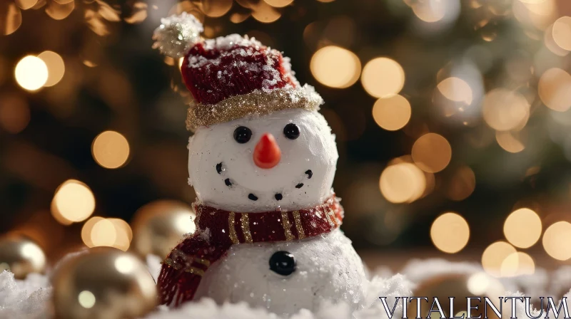 Winter Snowman with Red Hat and Bokeh Lights AI Image