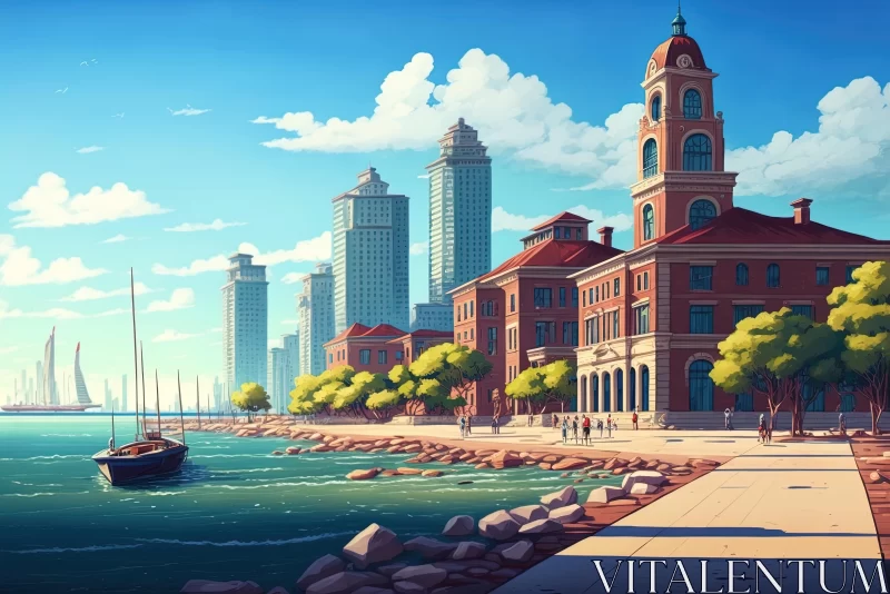 Lakeside Cityscape: Serene Digital Illustration of a Bustling City AI Image