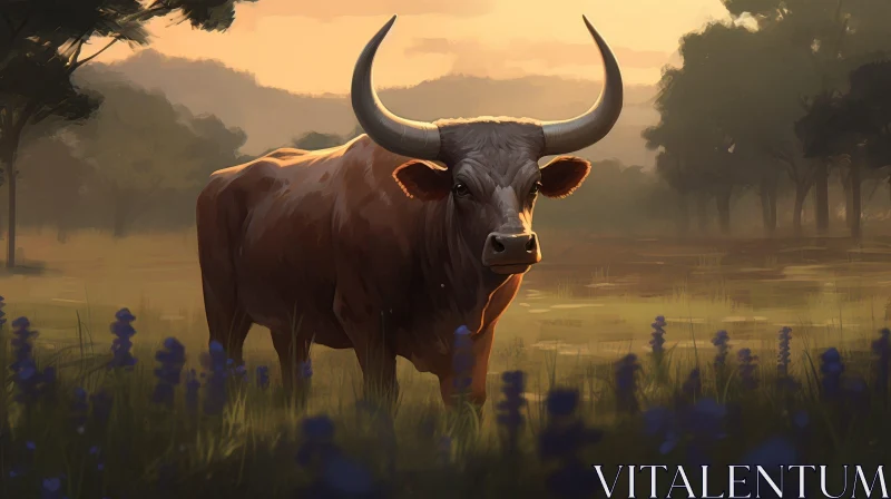 Realistic Longhorn Bull in Bluebonnets Field Painting AI Image