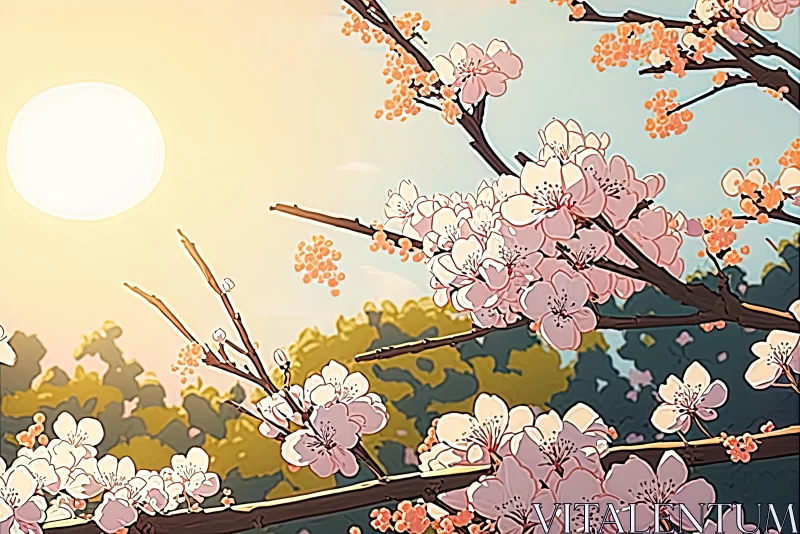 Delicate Cherry Blossom Illustration in Graphic Novel Style AI Image