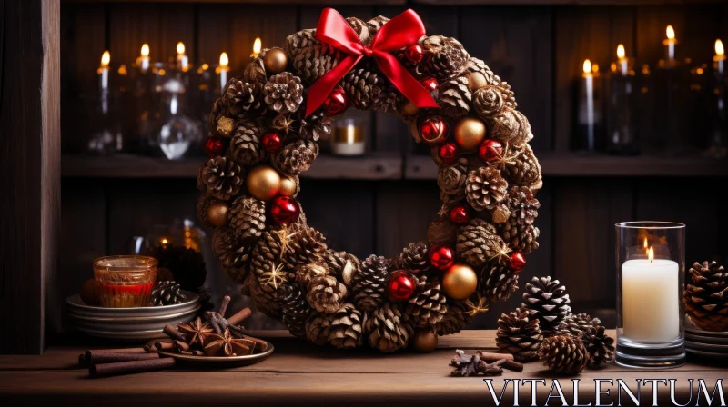 Festive Christmas Wreath with Pine Cones and Ornaments AI Image