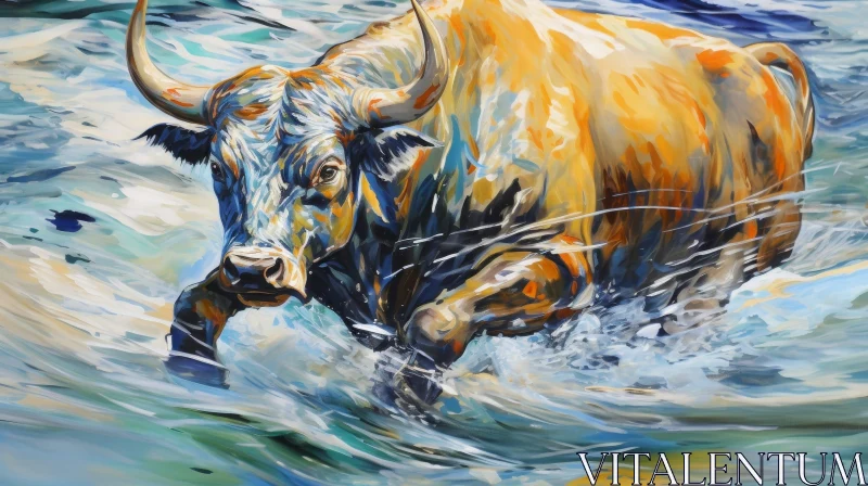 Realistic Bull Running Through Water Painting AI Image
