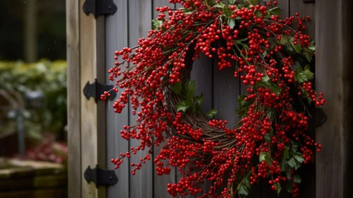 Red Berry and Green Leaf Wreath on Wooden Door