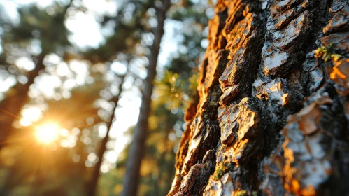 Sunlit Pine Tree Bark in Nature