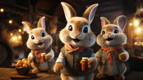 Whimsical Scene: Three Rabbits in a Tavern