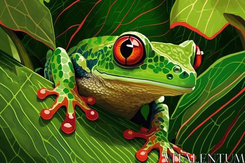 Captivating Green Frog Riding Through Tropical Leaves | Hyper-Realistic Animal Illustration AI Image