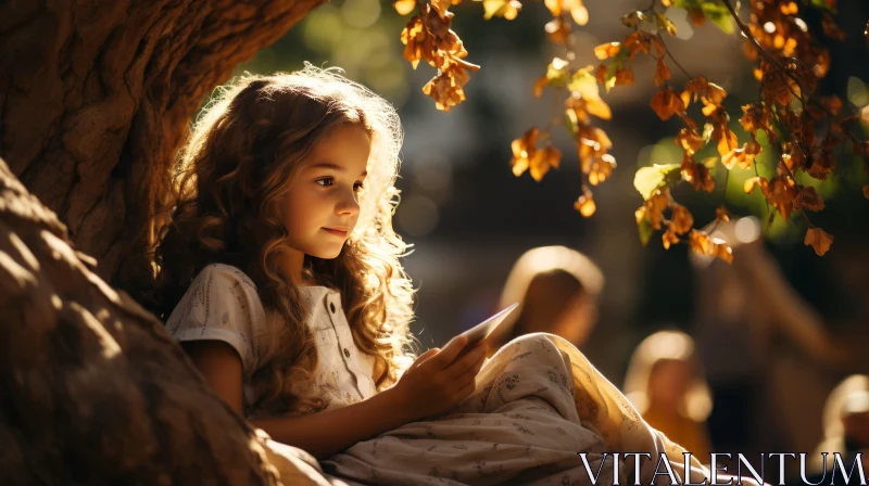 Portrait of a Young Girl Reading Under a Tree AI Image