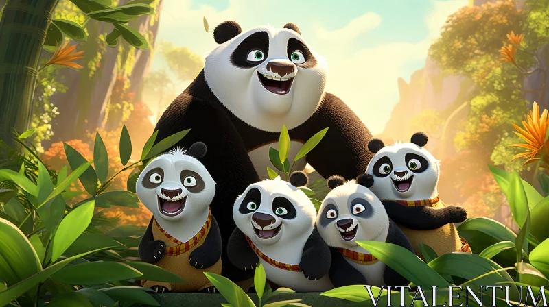 Adorable Panda Family Illustration in Bamboo Forest AI Image