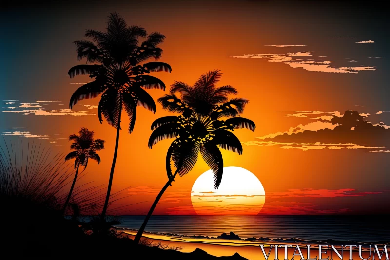 Captivating Sunset at the Beach with Palm Trees - Romantic Exotic Landscape AI Image
