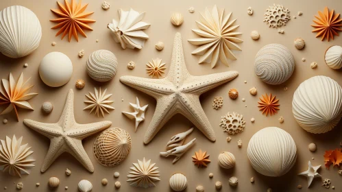 Colorful Seashells and Starfish on Beige Background