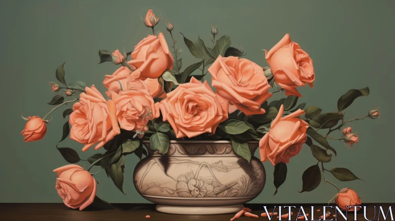 Elegant Pink Roses Still Life on Dark Wooden Table AI Image