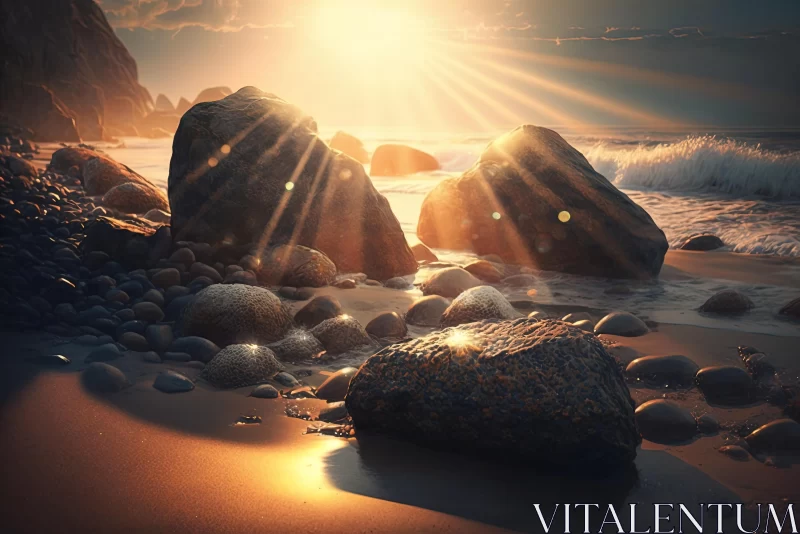 Serene Beach Scene with Rocks and Sunshine | Photorealistic Fine Art Photography AI Image