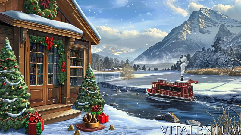 Winter Cabin Christmas Scene AI Image