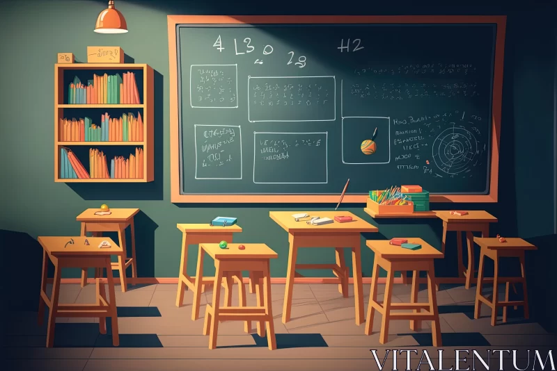 Captivating Classroom Illustration with Desks and Chalkboard AI Image