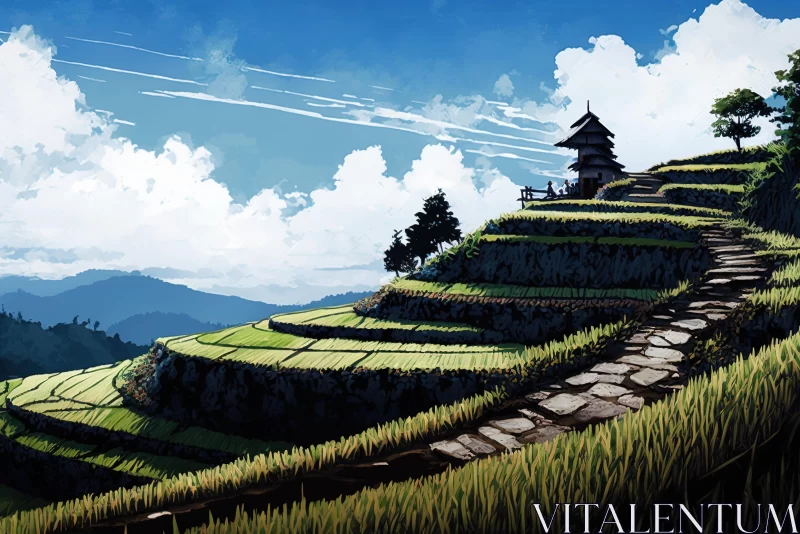 Captivating Japanese Rice Fields: Digital Painting Artwork AI Image