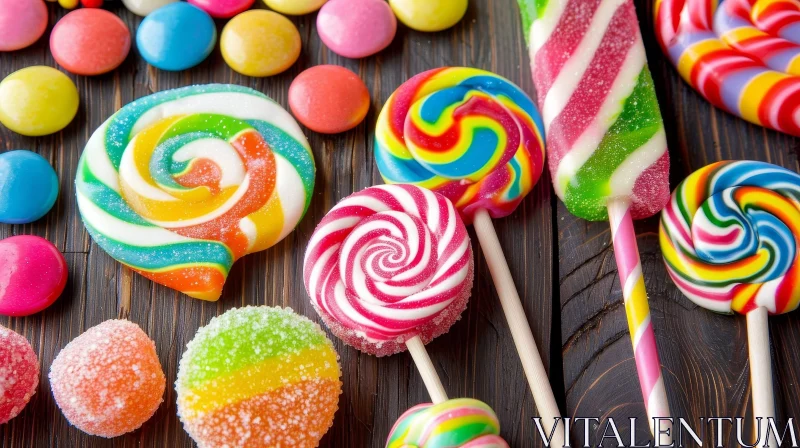 Colorful Lollipops and Hard Candies on Dark Wood Table AI Image