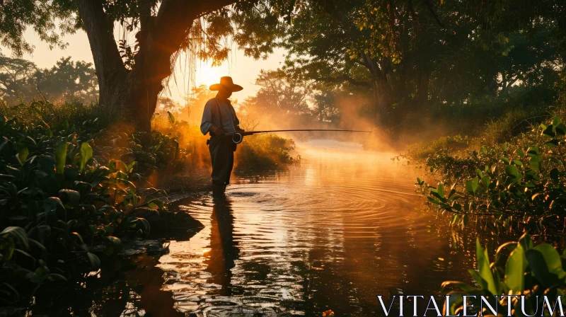 Man Fishing in River at Sunrise AI Image
