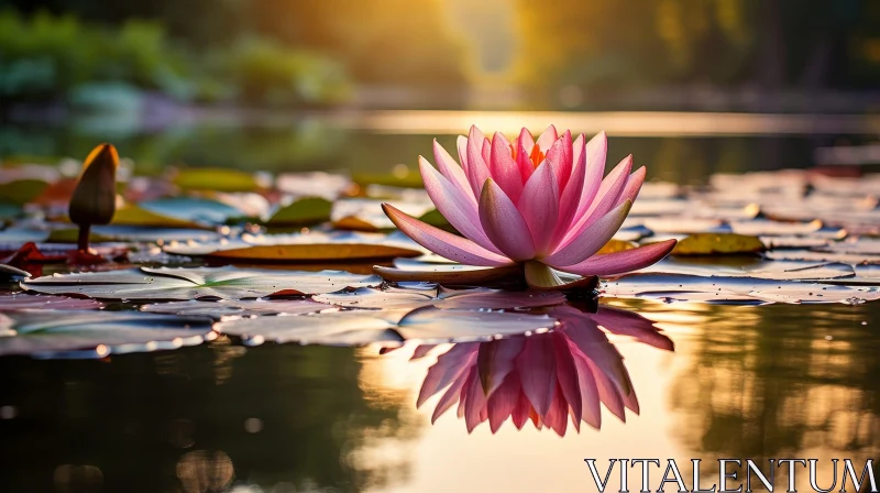 Pink Water Lily in Serene Pond AI Image
