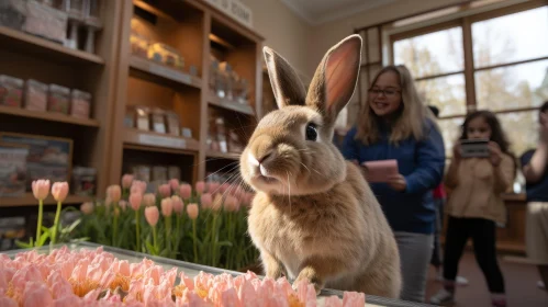 Brown Rabbit Among Pink Tulips - Enchanting Scene